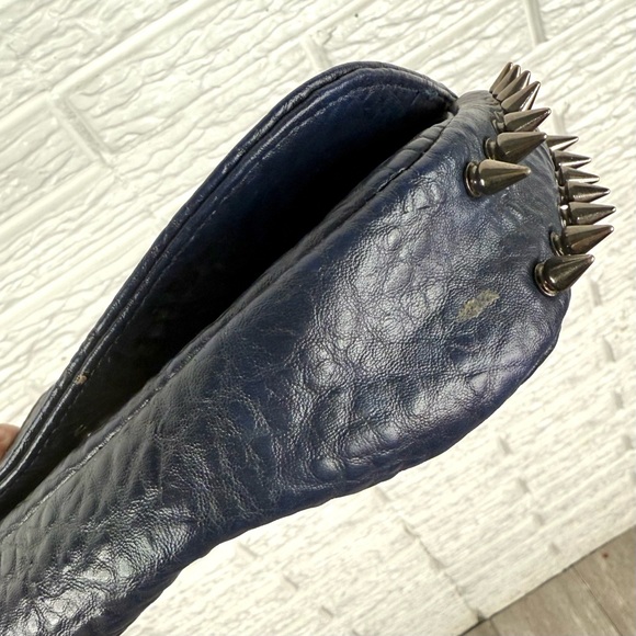 Studded Navy Blue Faux Leather Crossbody Bag Pewter Hardware Shoulder Strap - Picture 9 of 9